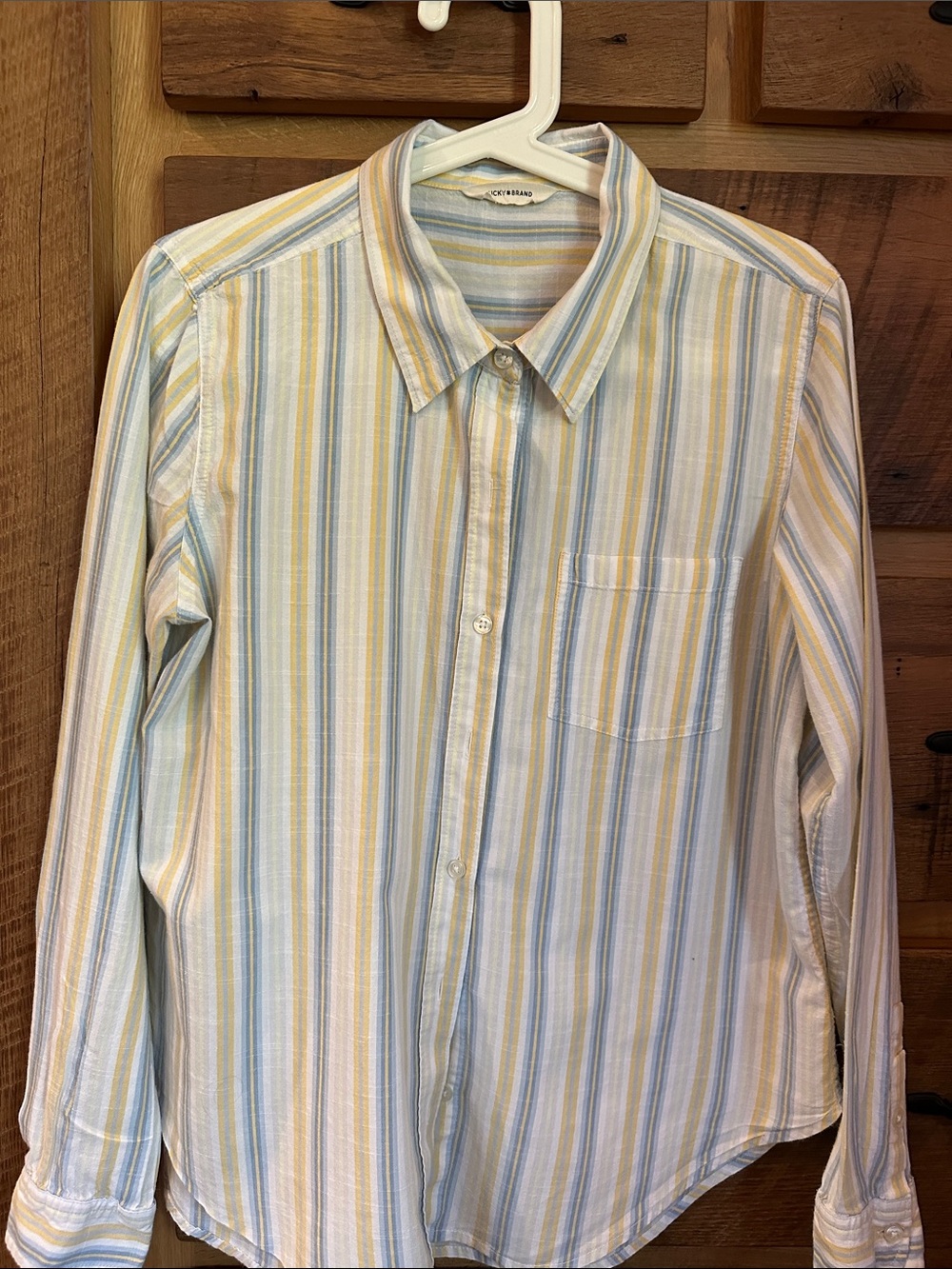 Lucky Brand women’s  Long-Sleeve Button-Down in White, Lt Blue & Yellow Stripes